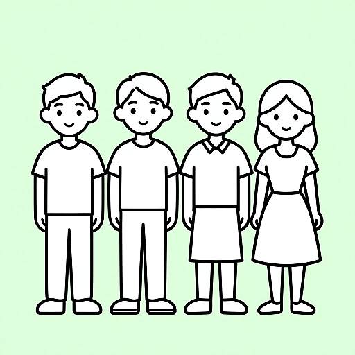 Black and white line drawing of four simple, smiling cartoon characters: three boys and one girl, standing in a row.