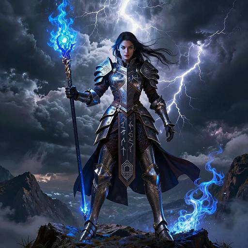 Dark fantasy warrior with blue fire, electric lightning, and intricate armor stands on rocky mountain, holding glowing blue sword under stormy sky. Digital art.
