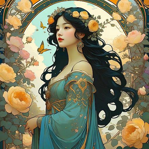Art Nouveau Woman in Rose Garden