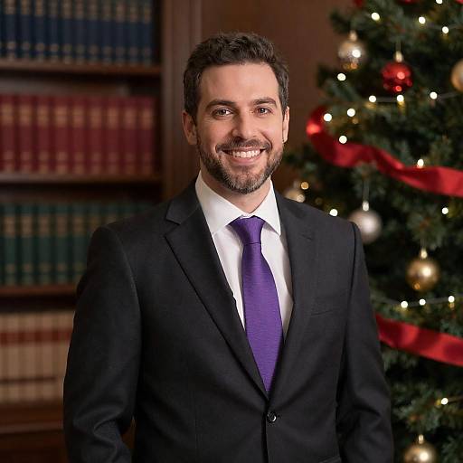Smiling Man Beside a Festive Christmas Tree