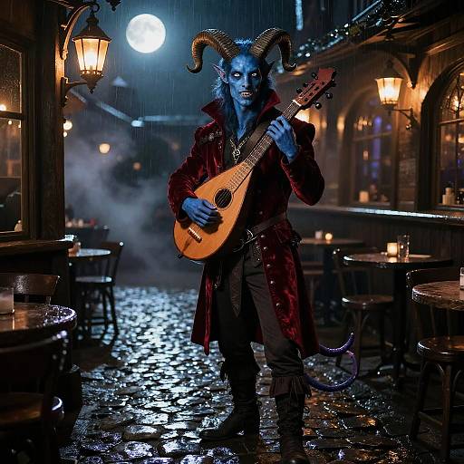 Cinematic Tiefling Bard in Moonlit Tavern