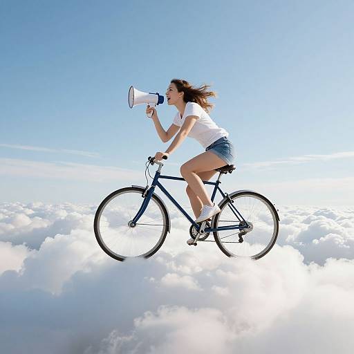 Photograph of a young woman with brown hair, white t-shirt, denim shorts, and black sneakers, riding a black bicycle and shouting into a white