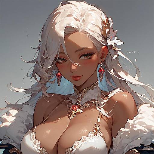 Dark-Skinned Anime Woman with White Hair