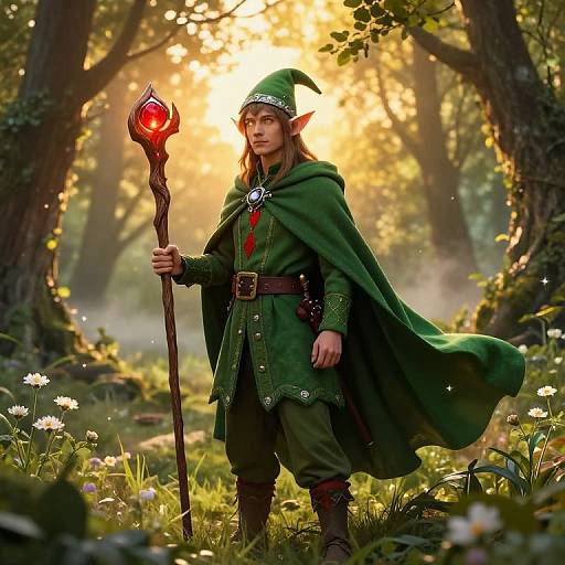 Photorealistic digital artwork of an elf with pointed ears, green cloak, and hat, holding a glowing red staff in a sunlit forest.