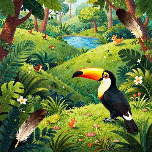 Vibrant digital illustration of a lush jungle with a colorful toucan, butterflies, and birds around a flowing river. Bright greens, vivid colors,