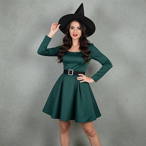 Photograph of a fair-skinned woman with long dark hair, wearing a black witch hat, green dress with long sleeves, and black belt, posing