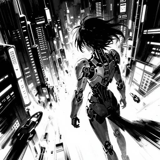 Black-and-white manga-style drawing of a cybernetic woman with short hair, standing in a futuristic, neon-lit cityscape with towering buildings and