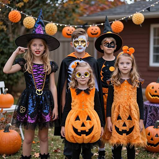 Four children in Halloween costumes: witch, vampire, pumpkin, and ghost, with orange and black outfits, jack-o'-lanterns, and string