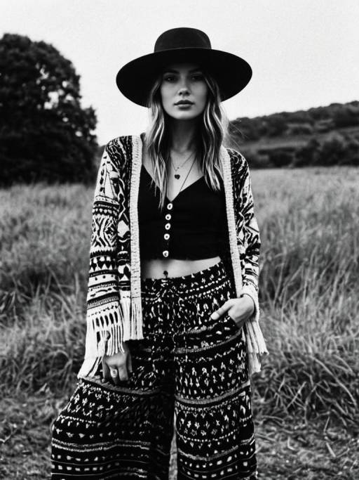 Bohemian Woman in Patterned Cardigan and Wide-Brimmed Hat