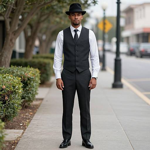 Photograph of a Black man standing on a city sidewalk, wearing a black vest, white shirt, black tie, black pants, black shoes, and