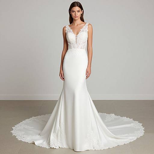 Photograph of a fair-skinned woman with long dark hair, wearing a white lace-trimmed, sleeveless mermaid-style wedding dress, standing