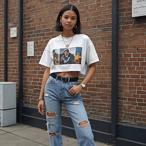 Young Woman in Y2K Crop Top and Ripped Jeans