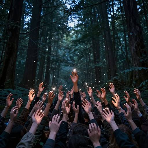 Photograph of a group of people in a dark forest, raising glowing hands towards a central, lit-up hand, surrounded by sparkling lights.