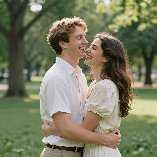 Photograph of a smiling young couple, him in a white shirt, her in a white dress, embracing in a sunlit park.