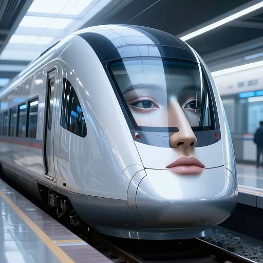 Photorealistic digital artwork of a high-speed train with a human face superimposed on its front, standing in a brightly lit station.