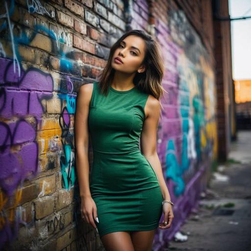 Young Woman in Green Dress by Graffiti Wall