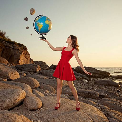 Photograph of a woman in a red dress and red heels, standing on rocky shore, levitating a globe and planets with her right hand, at
