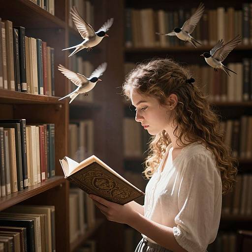 Photograph of a young woman with curly brown hair, wearing a white blouse, reading a book in a dimly lit library. Four birds fly around