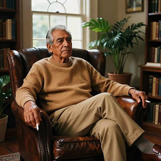 Photograph of an elderly man with gray hair, wearing a beige sweater and beige pants, sitting in a brown leather armchair, holding a cigarette,