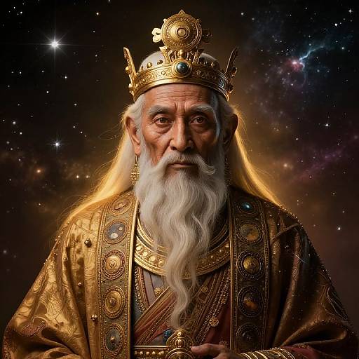Digital portrait of an elderly, wise, white-bearded king with a golden crown, ornate robe, and starry cosmic background. Majestic and