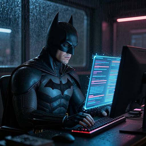 Photograph-style digital art of a muscular Batman in a black suit, cowl, and chest emblem, typing on a glowing blue laptop in a rain