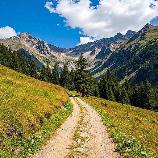 Photograph of a winding gravel path through a vibrant meadow leading to a forested valley, with majestic mountains and a bright blue sky with white clouds