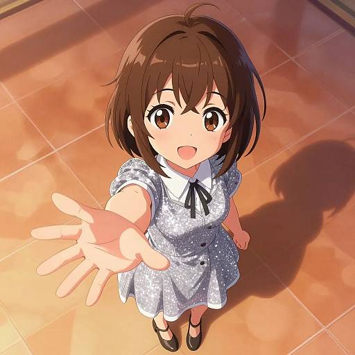 Anime-style digital drawing of a cute, short-haired girl with brown eyes, wearing a white polka-dot dress, black ribbon, and black shoes,
