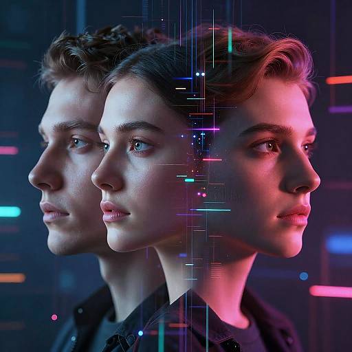Digital artwork of two side-by-side, serious-faced individuals with illuminated, futuristic neon lighting, and vertical digital lines, creating a cyberpunk aesthetic.
