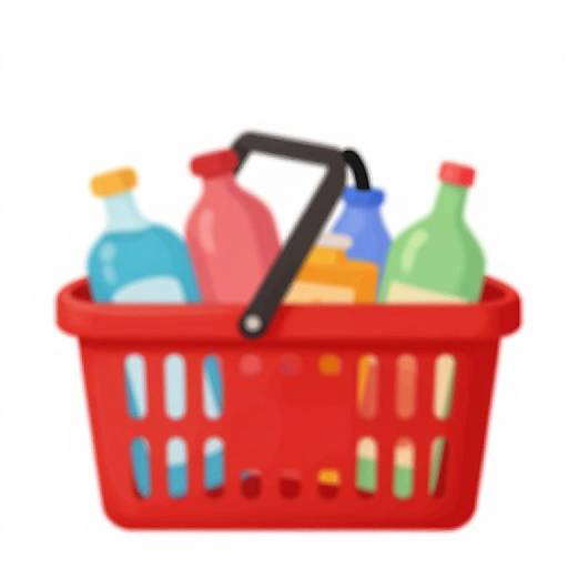 Photograph of a red plastic shopping basket filled with colorful bottles, including blue, pink, and green, with a black handle.
