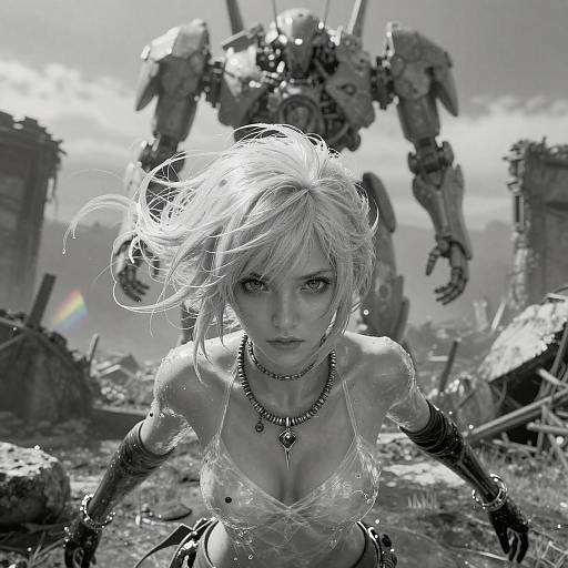 Futuristic Woman with Mecha in Ruins