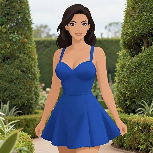 Digital illustration of a fair-skinned woman with black hair, wearing a blue, strapless, sleeveless dress, standing in a garden with green h