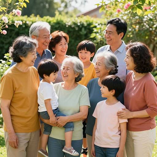 Photograph of diverse, smiling multi-generational family outdoors, including grandparents, parents, and two children, standing closely in a sunny garden.
