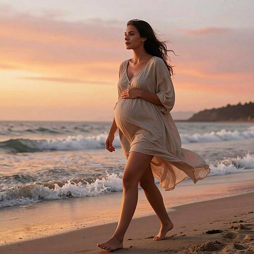 Pregnant woman in flowing beige dress walks barefoot on a sandy beach at sunset, waves gently crashing in background. Photograph.