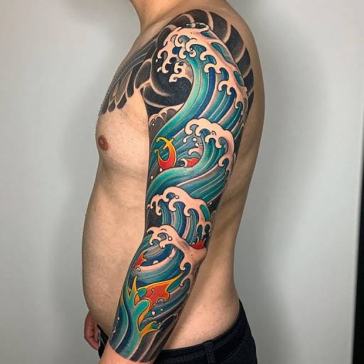 Photograph of a shirtless man showcasing a vibrant, colorful Japanese wave tattoo covering his right upper arm and shoulder.