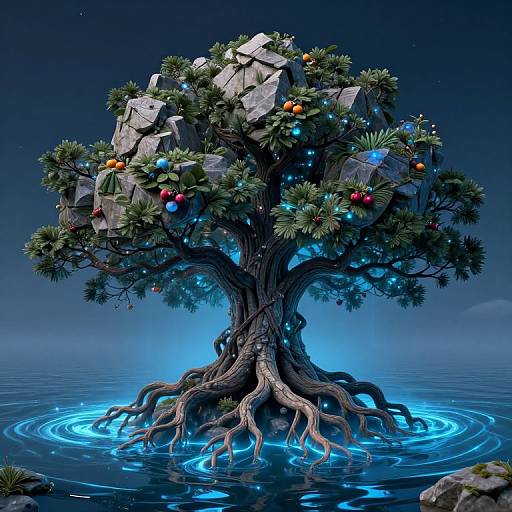Digital art: Enchanted tree with rocks, glowing blue lights, Christmas ornaments, and intricate roots, standing in a glowing blue water pool under a