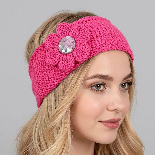 Photograph of a blonde woman with wavy hair wearing a bright pink, crocheted headband with a large silver flower and gemstone, against