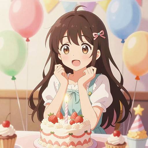 Anime-style digital illustration of a cute, brown-eyed girl with long black hair, wearing a white blouse and blue vest, excitedly holding a strawberry-t