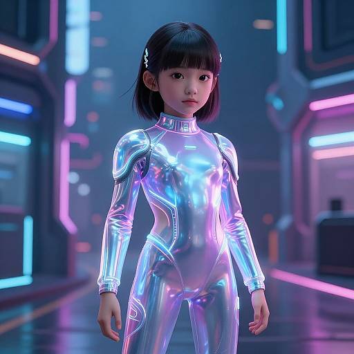 CGI image of an Asian girl with short black hair wearing a shiny, neon-blue and purple, futuristic bodysuit in a cyberpunk cityscape