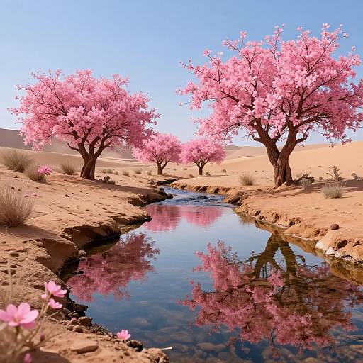 Surreal Desert Oasis with Pink Blossoms