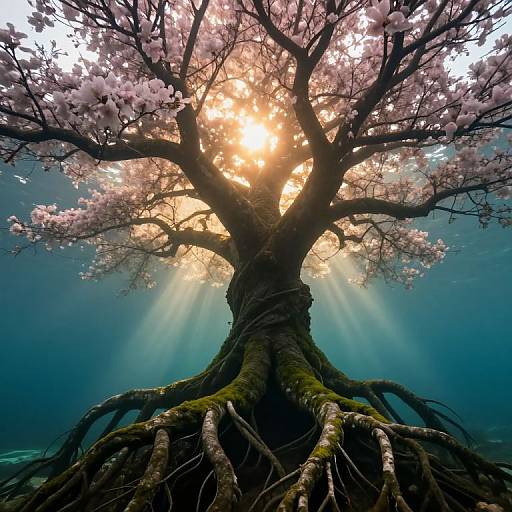 Photograph of a majestic cherry blossom tree with sun rays piercing through its pink flowers, roots prominently visible, set against a turquoise underwater background.