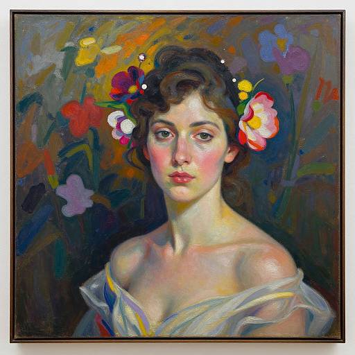 Impressionist portrait of a fair-skinned woman with pink cheeks, wearing a floral crown and off-shoulder white dress, against a vibrant,