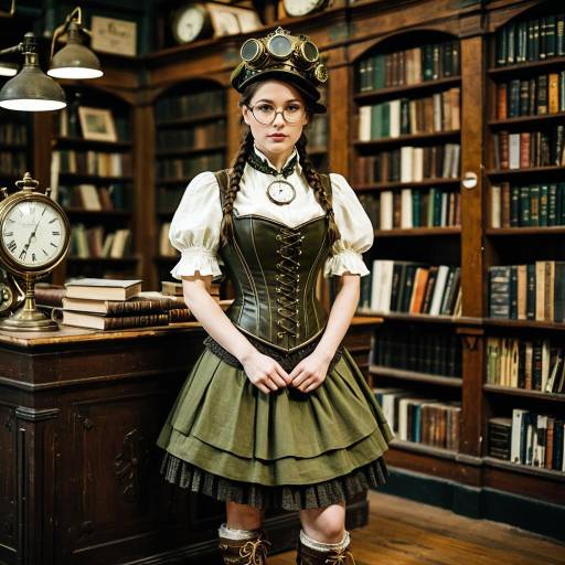 Steampunk Woman in Victorian Outfit in Old Bookstore
