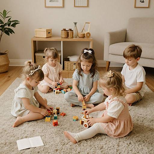 Photograph of five young children, four girls and one boy, playing with colorful wooden blocks on a beige carpet in a bright, minimalistic living room