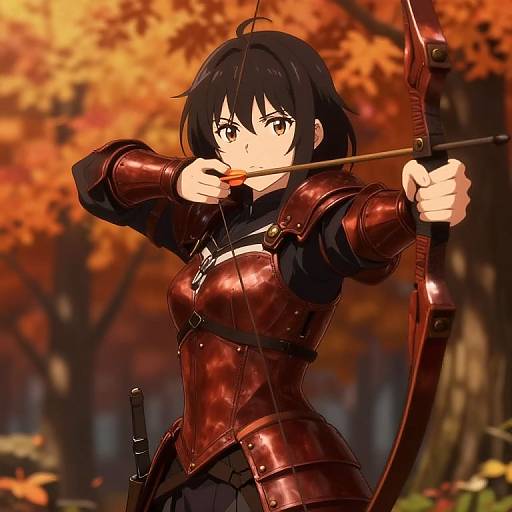 Anime-style digital illustration of a black-haired female archer in red armor, drawing a bow in an autumn forest with vibrant orange leaves.