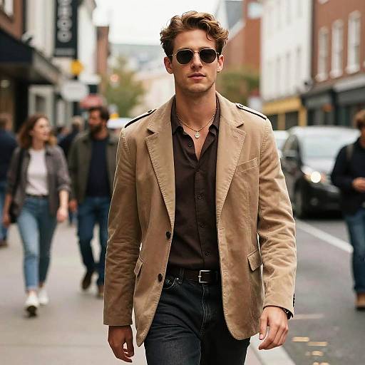 Photograph of a stylish man with curly brown hair, wearing sunglasses, beige blazer, black shirt, and jeans, walking confidently down a busy urban