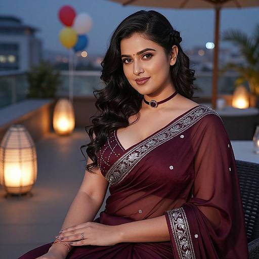 Photograph of a beautiful Indian woman with long black hair, wearing a maroon saree with silver embroidery, sitting outdoors at dusk, with lanterns