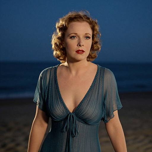 Photograph of a fair-skinned, red-lipped woman with wavy brown hair, wearing a sheer, blue, V-neck dress, standing on