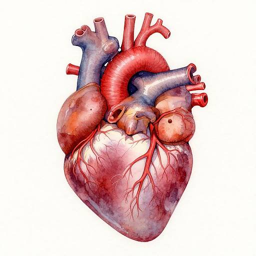 Detailed, colorful digital illustration of a human heart with visible arteries, veins, and blood vessels against a white background.