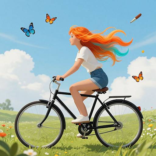 Digital illustration of a red-haired girl in a white shirt and blue shorts riding a black bicycle, surrounded by colorful butterflies, in a bright, grassy