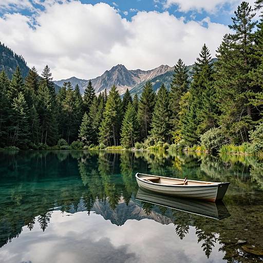 Photograph of a tranquil mountain lake with a small, white rowboat floating on clear water, surrounded by dense evergreen forest and reflected in the still